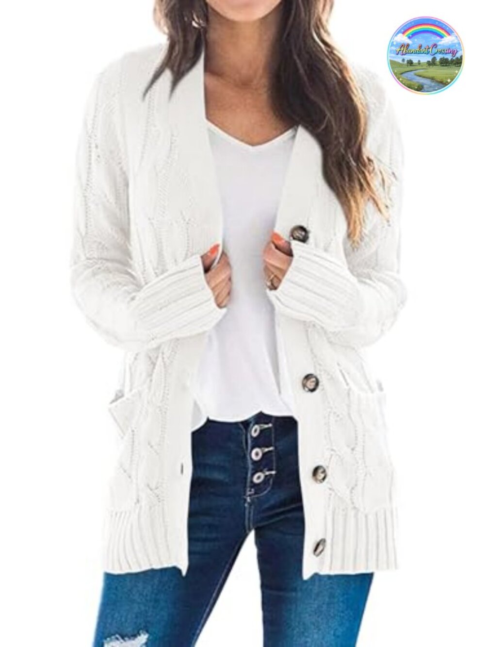 Women's Button Down Cable Knit V-Neck Long Sleeve Cardigan